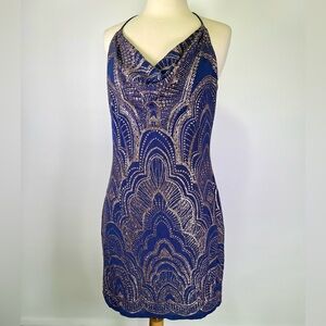 Vintage Y2K Jump Large Blue Gold Glitter Slouch Chest Cowl Halter Dress Gatsby